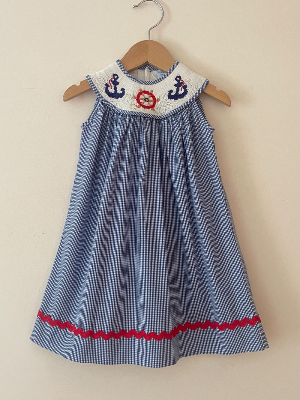 REMEMBER NGUYEN EUC Hand Smocked Nautical Sailor Maritime Gingham Dress